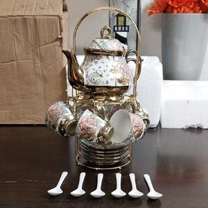 Floral Gold Trim Porcelain Tea Set- Stand -5 Saucers,6 Teacups,6 Spoons Teapot